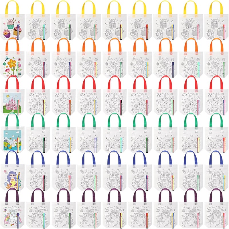 Vincreem 54 Pcs Coloring Goodie Bags with 60 Pcs Colorful Markers Non Woven Color Your Own Reusable Party Favor Bags for Christmas Classroom DIY Crafts Supplies, 6 Styles - Image 1